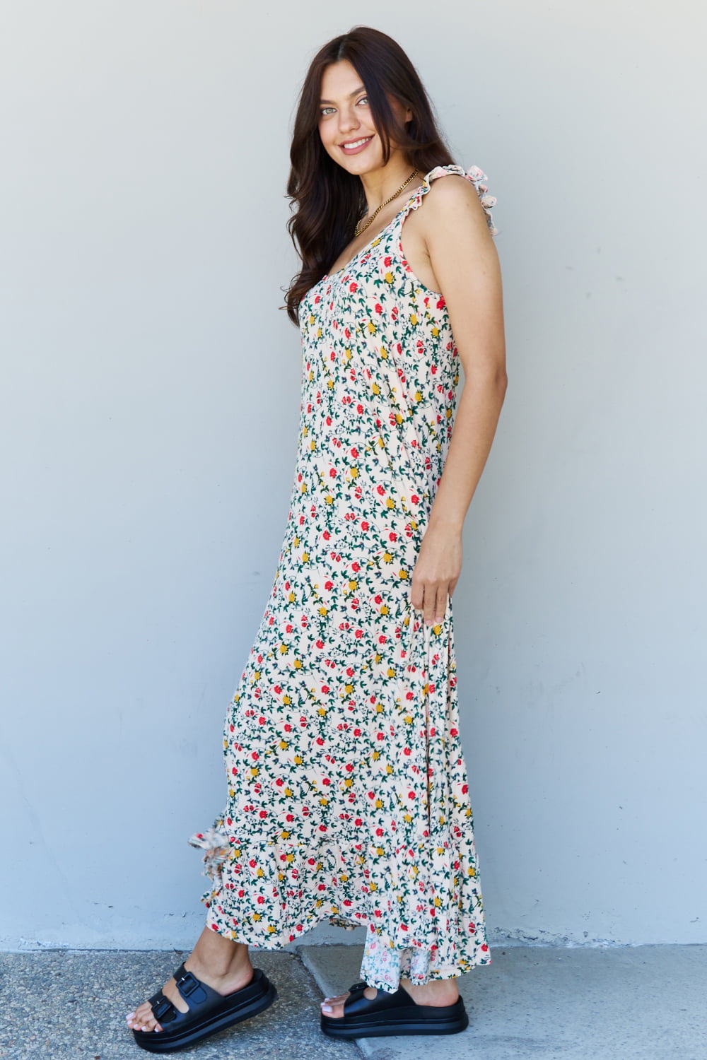 In The Garden Ruffle Floral Maxi Dress in Natural Rose