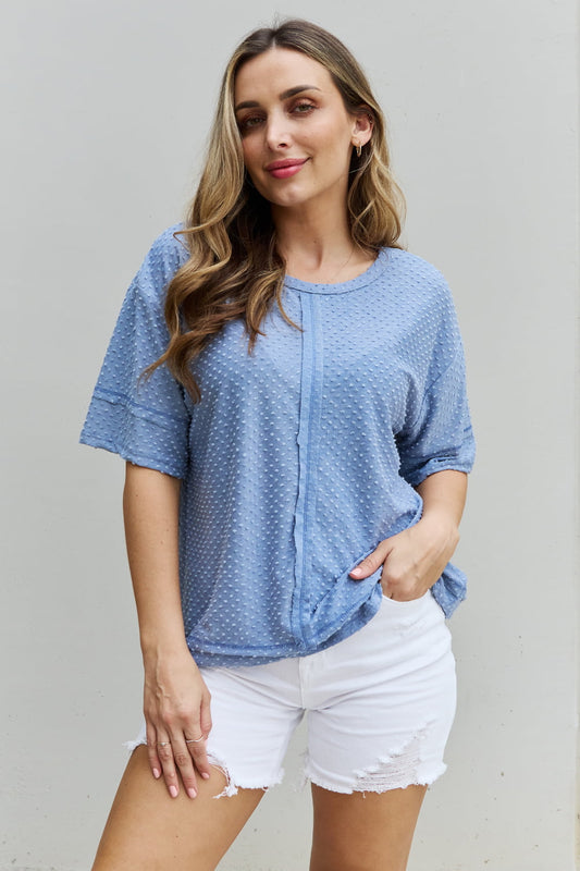 Swiss Dot Reverse Stitch Top in Pastel Blue (MADE IN USA)