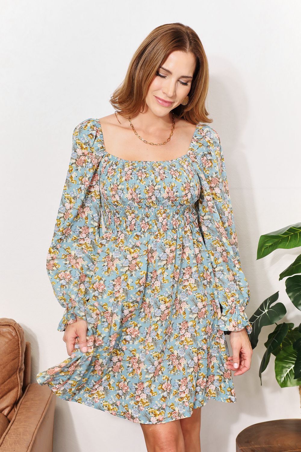 Floral Smocked Flounce Sleeve Square Neck Dress in Floral