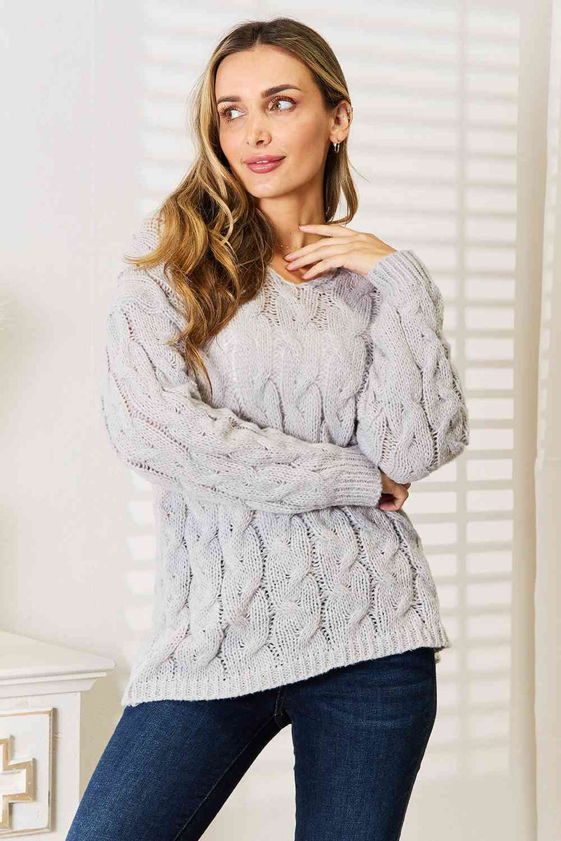 Light Gray Cable-Knit Hooded Sweater