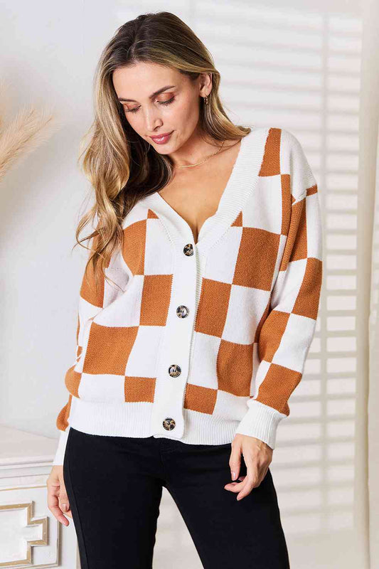 Button-Up V-Neck Dropped Shoulder Cardigan in Camel