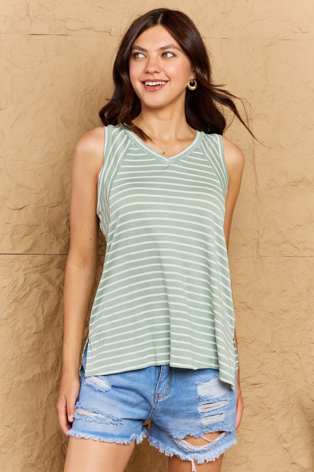 Talk to Me Striped Sleeveless V-Neck Top (MADE IN USA)