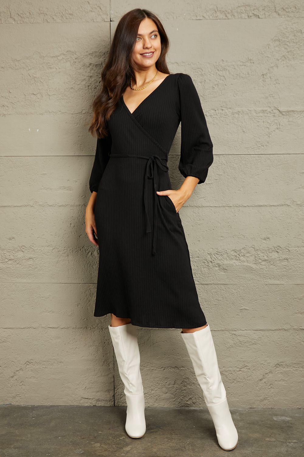 Surplice Flare Ruching Dress in Black