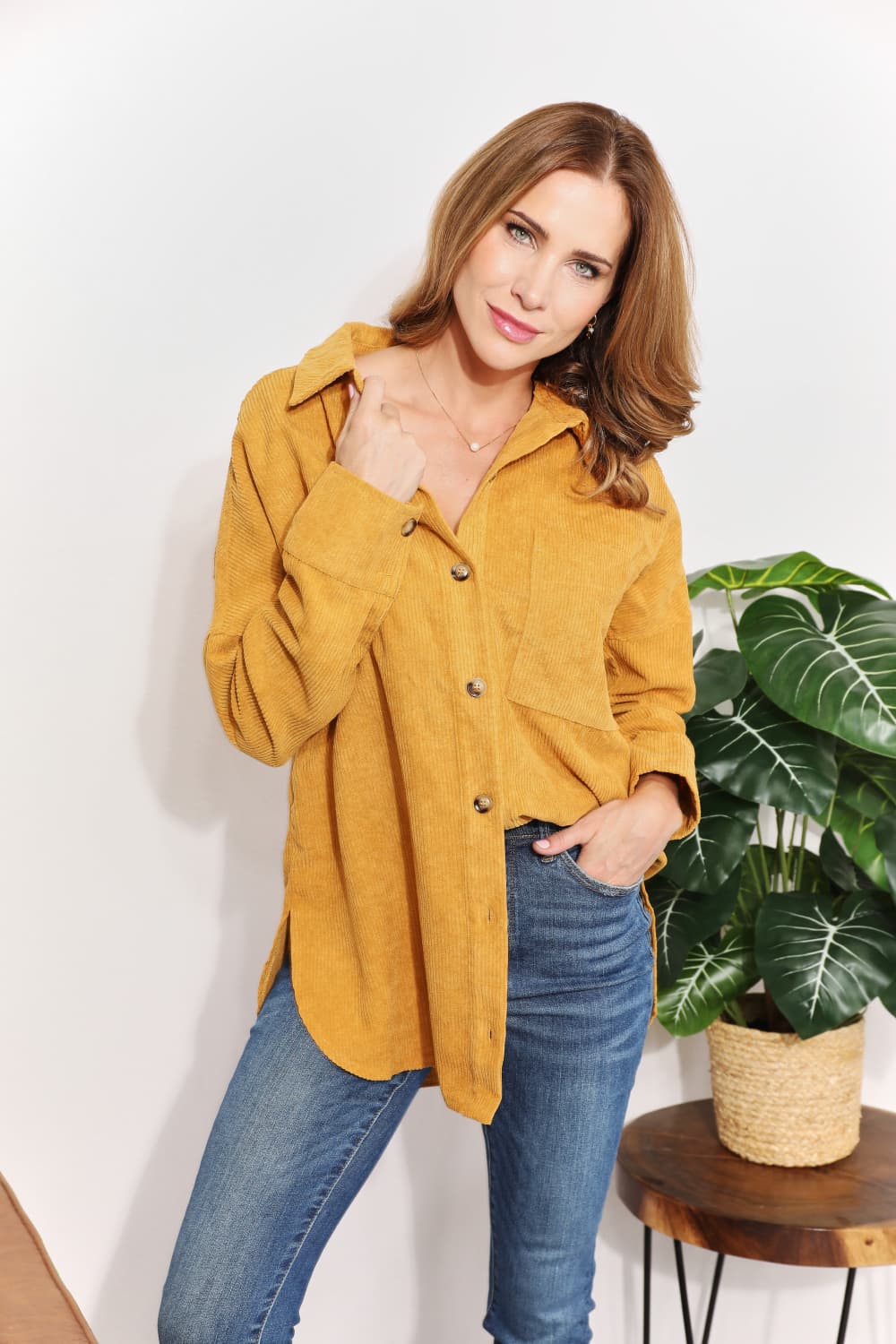 Oversized Corduroy  Button-Down Tunic Shirt with Bust Pocket in Mustard