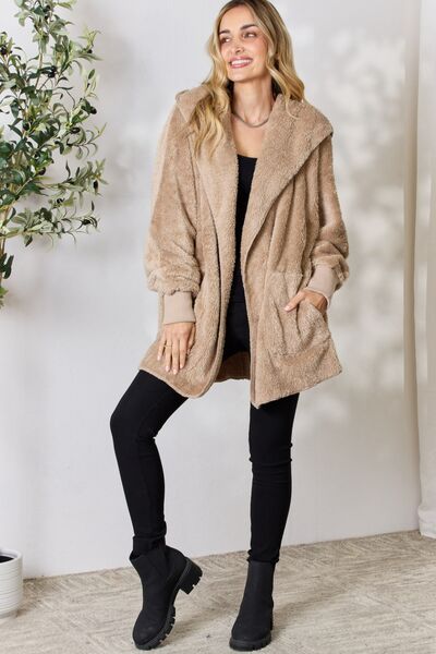 Taupe Faux Fur Open Front Hooded Jacket