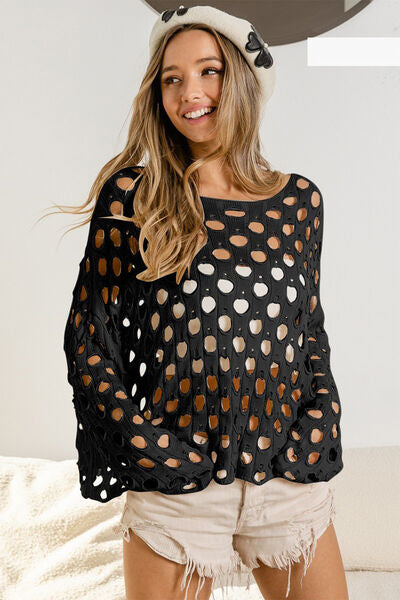 Black Hollowed Out Long Sleeve Knit Top