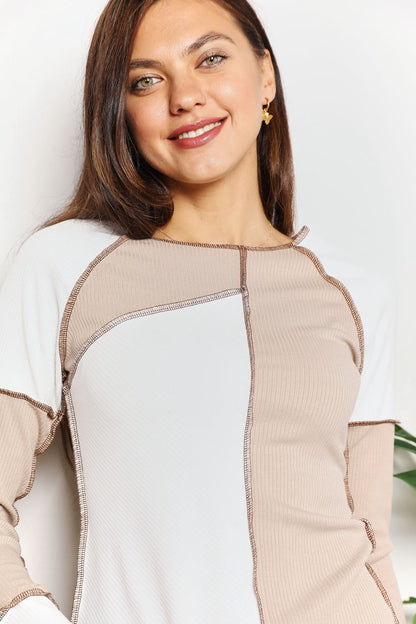 Color Block Exposed Seam Top in Khaki
