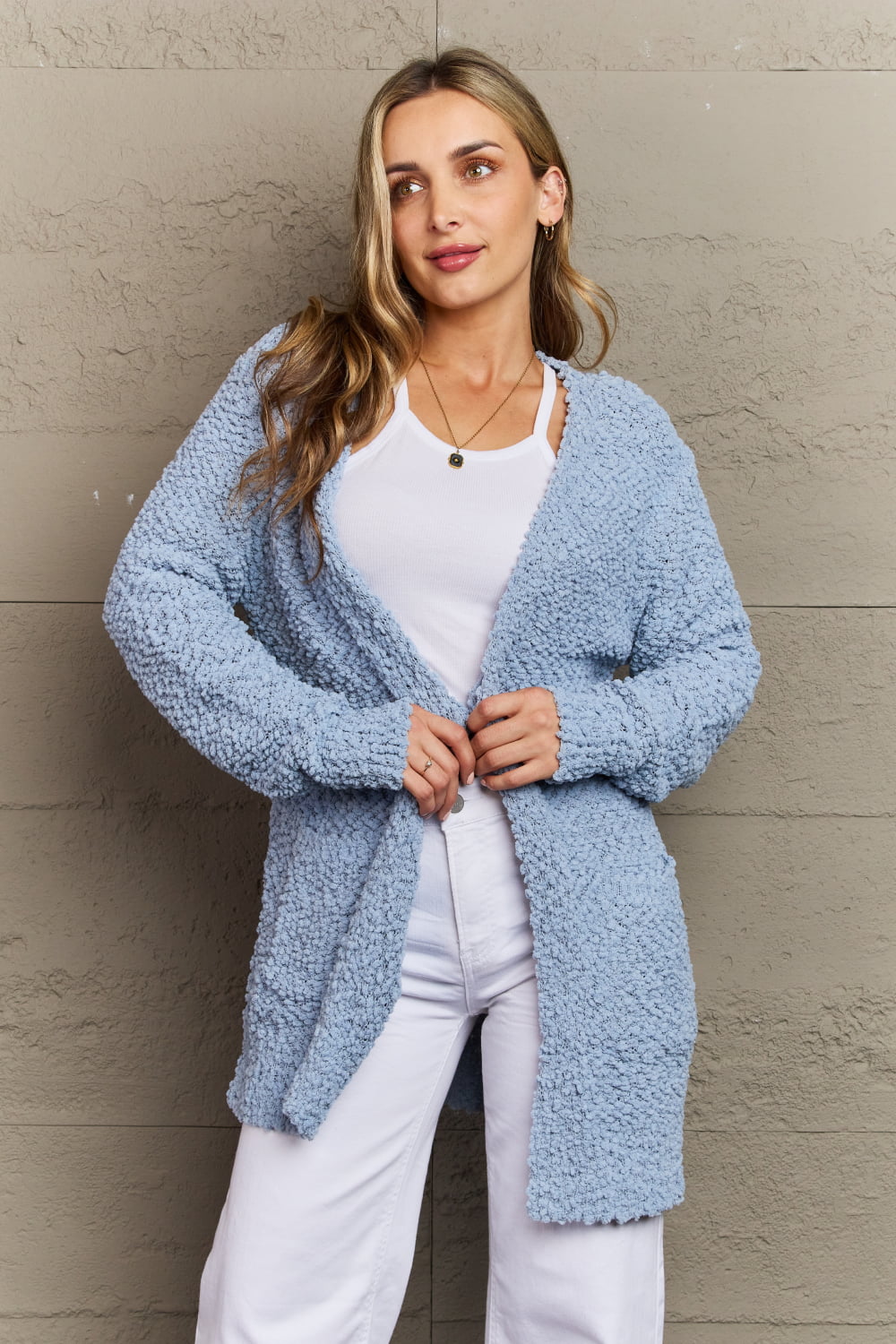 Falling For You Open Front Popcorn Cardigan in Pastel Blue