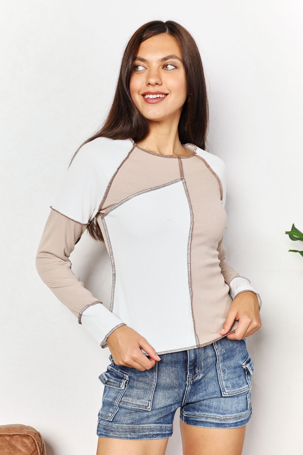 Color Block Exposed Seam Top in Khaki