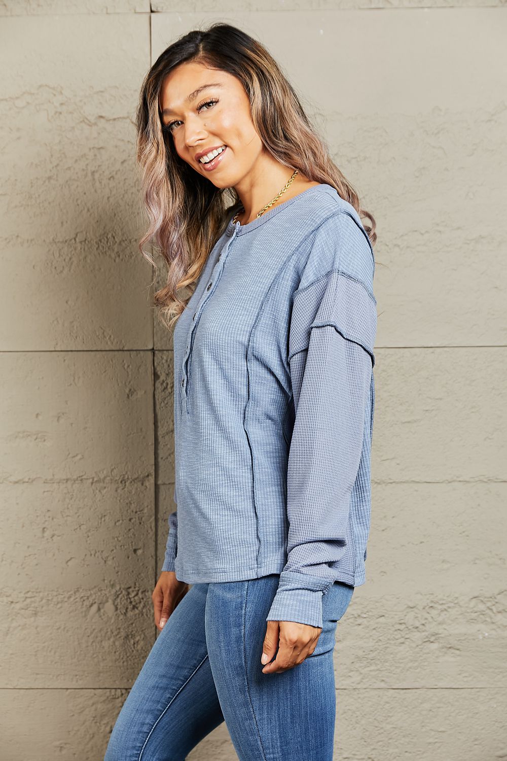 Understand me Oversized Henley Top in Misty Blue