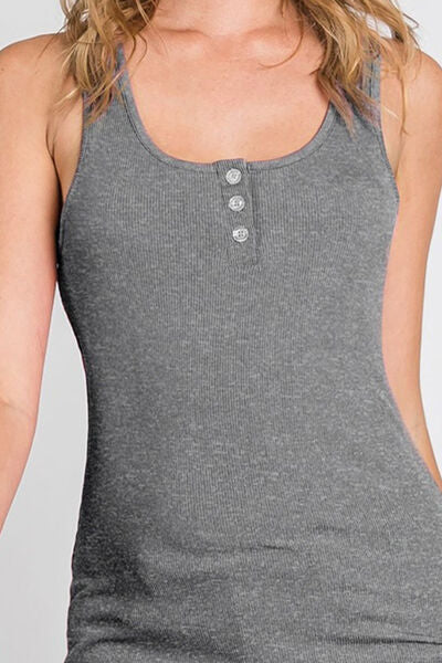 Front Button Ribbed Round Neck Tank in Grey