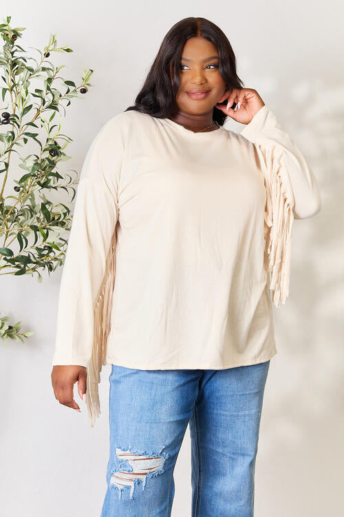 Fringe Detail Long Sleeve Top in Ivory (MADE IN USA)