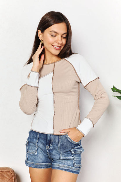 Color Block Exposed Seam Top in Khaki
