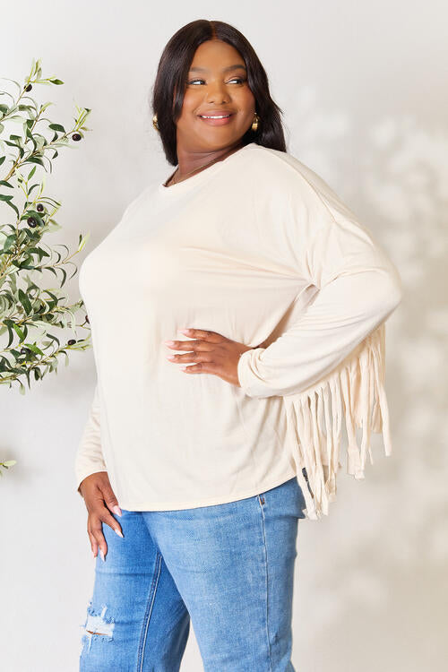 Fringe Detail Long Sleeve Top in Ivory (MADE IN USA)