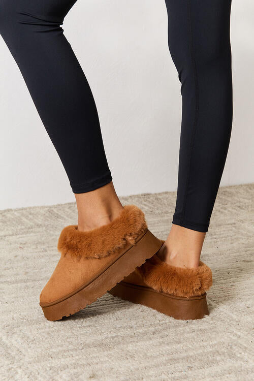 Camel Furry Chunky Platform Ankle Boots