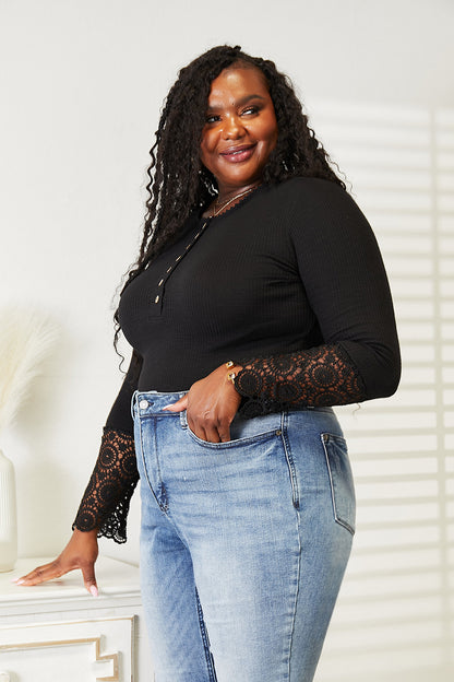 Crochet Lace Hem Sleeve Button Top in Black