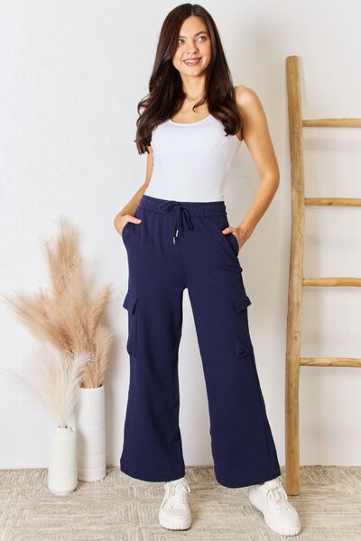 Drawstring Relaxed Cargo Wide Leg Pants in Navy