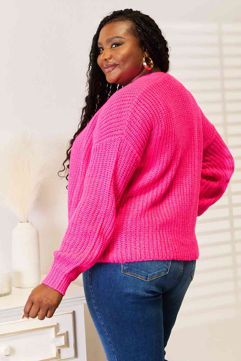 Hot Pink Rib-Knit Open Front Drop Shoulder Cardigan