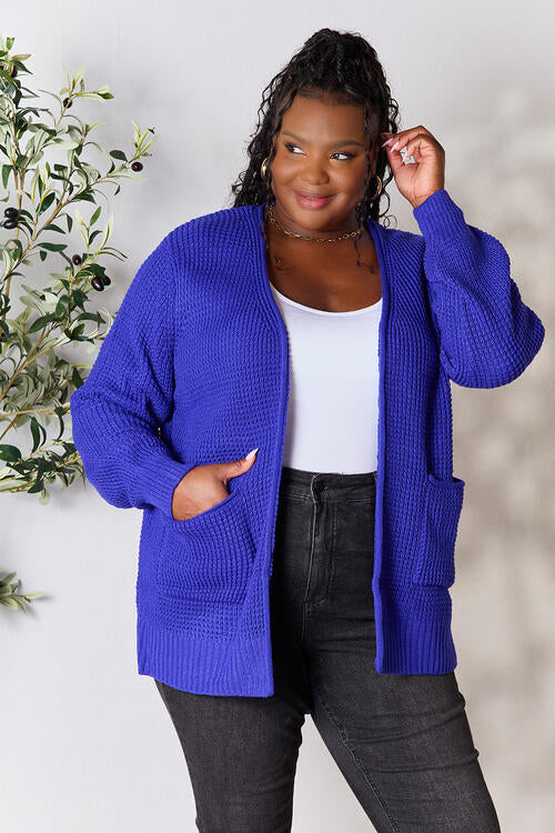 Bright Blue Waffle-Knit Open Front Cardigan