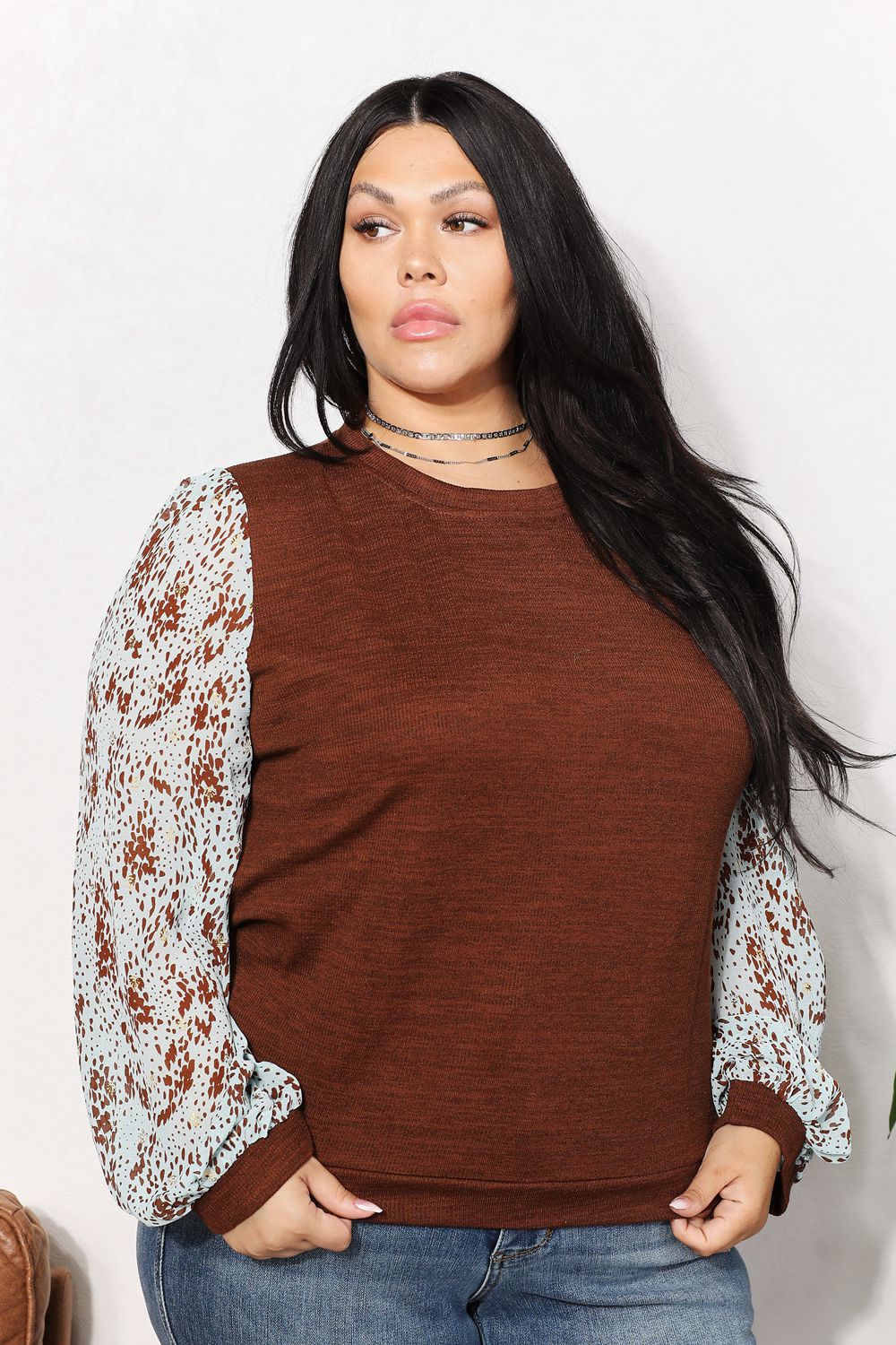 Foil Printed Sleeve Top in Chestnut