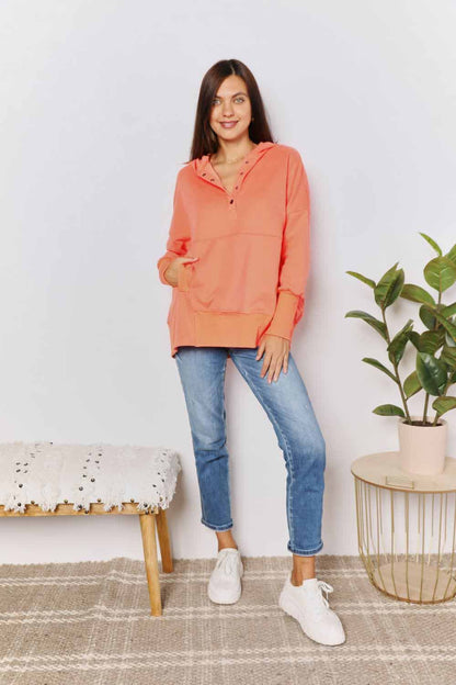 Quarter-Snap Dropped Shoulder Hoodie in Tangerine