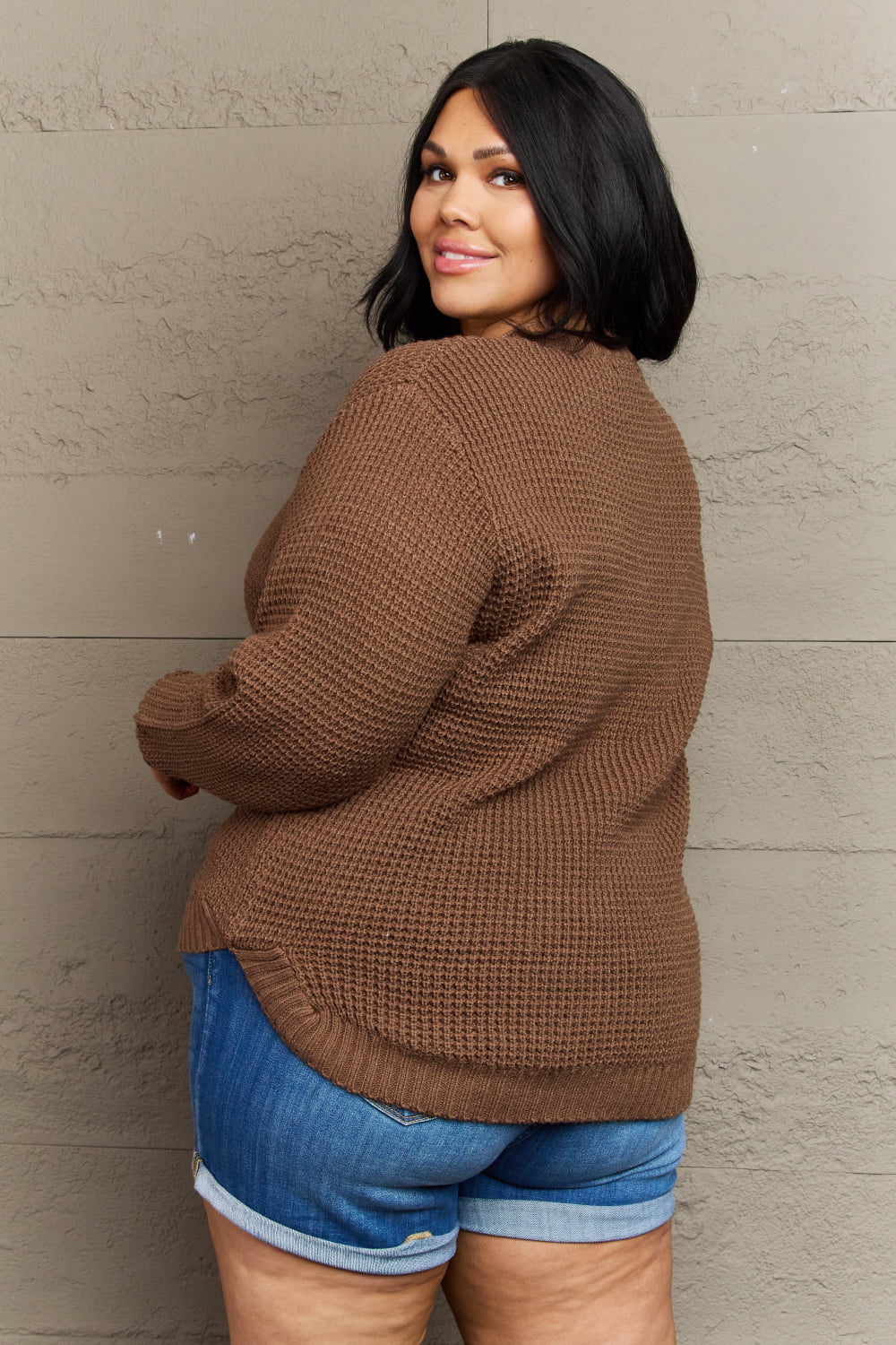 Breezy Days High Low Waffle Knit Sweater in Chestnut