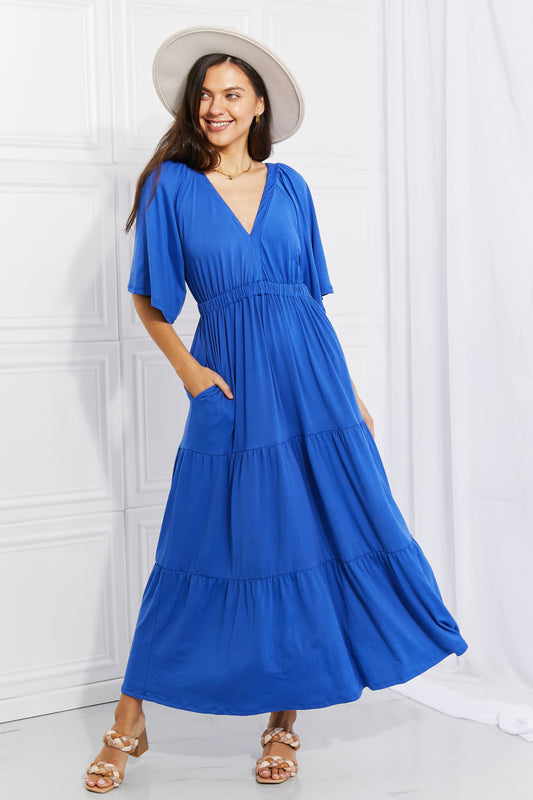 My Muse Flare Sleeve Tiered Maxi Dress in Cobalt Blue
